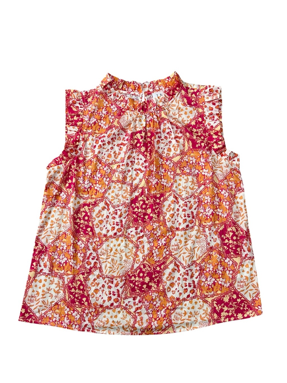 THML wmn’s sleeveless floral rufflecollar flutter sleeve top 100% cotton MEDIUM